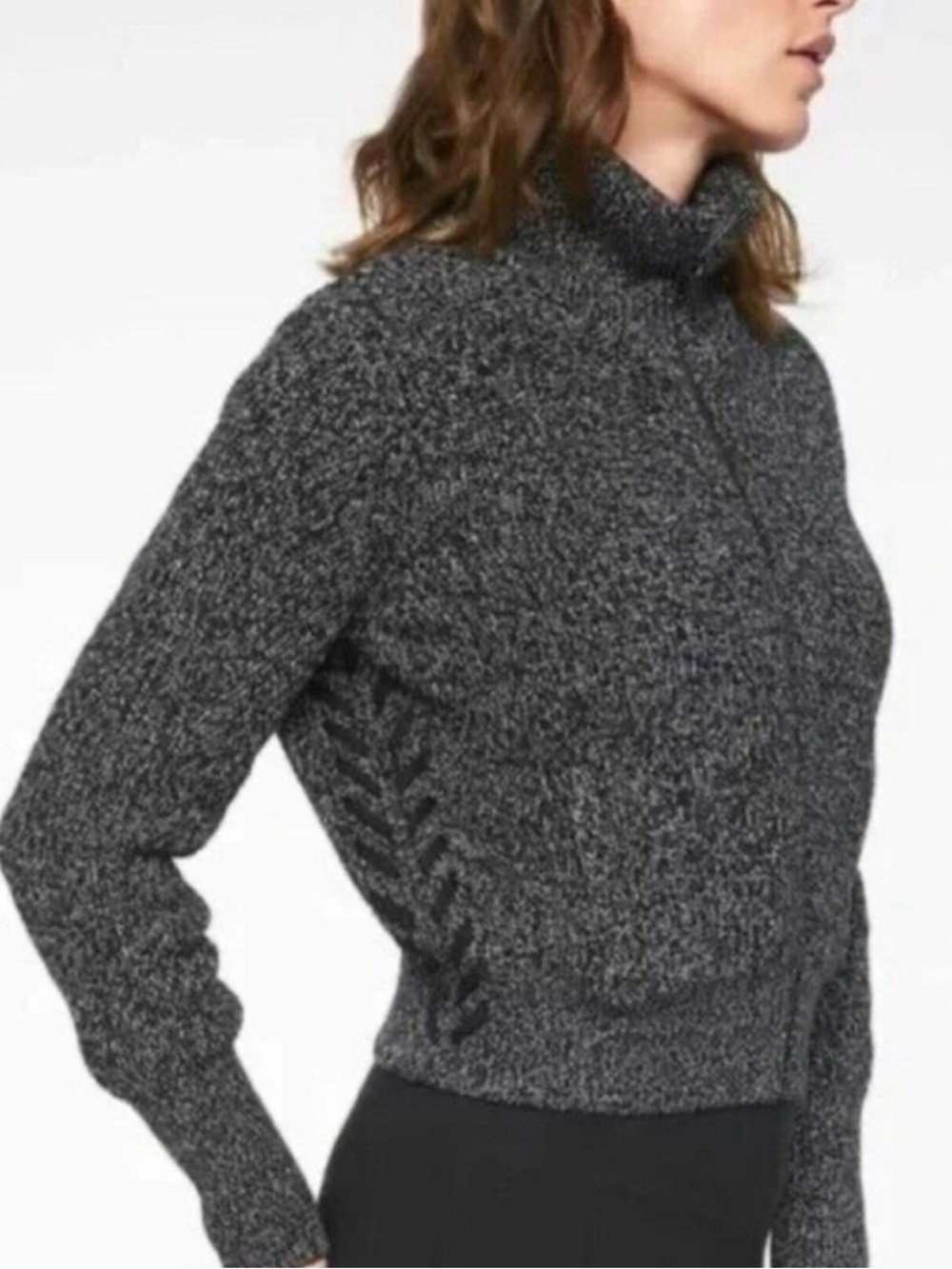 Athleta Organic Cotton Blend Bomber Sweater Black Marl Mock Neck Zip-up Pockets